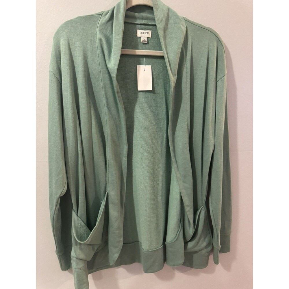 J. Crew Cardigan Knit Sweater Womens L Green Long Sleeve Open Front Pockets